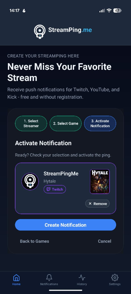 StreamPing.me App Screenshot